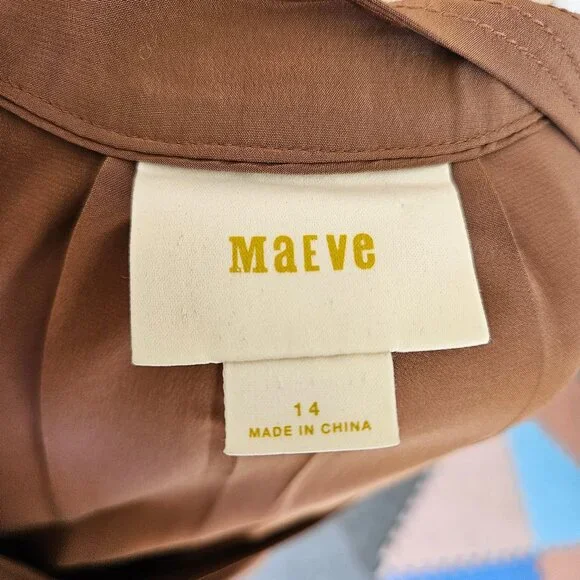Maeve Anthropologie 100% Silk Warm Brown Faux Mock Wrap Dress Size 14 - Picture 10 of 11